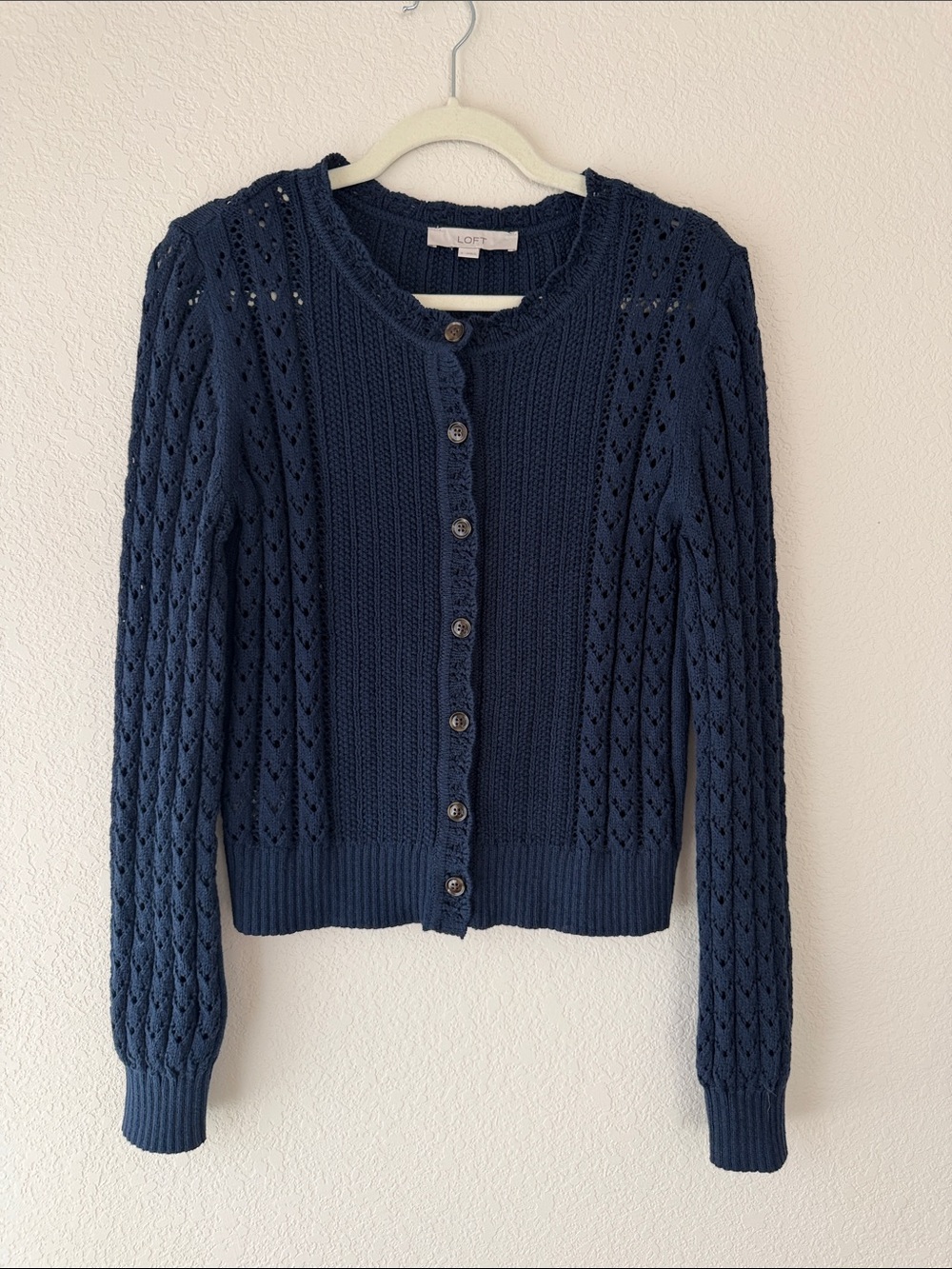 LOFT Navy Pointelle Button-Front Cardigan